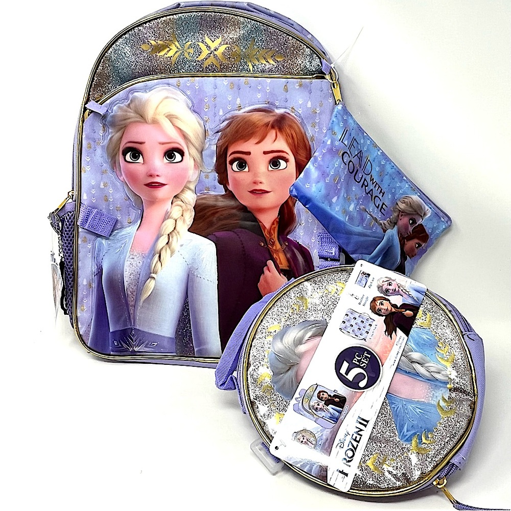 NEW Frozen II Disney 5pc Set 16" Backpack, Lunch Kit zip case, Cinch bag, Dangle